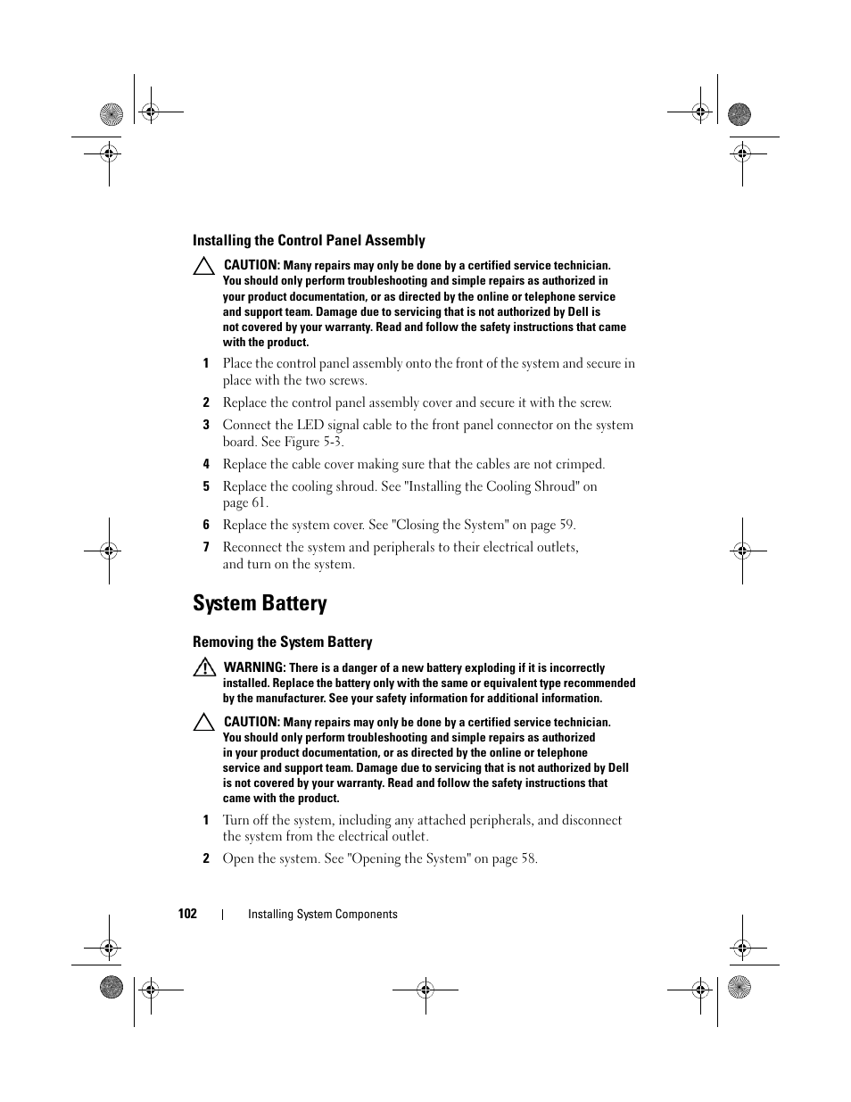 System battery, Installing the control panel assembly, Removing the system battery | Dell PowerEdge C2100 User Manual | Page 106 / 144