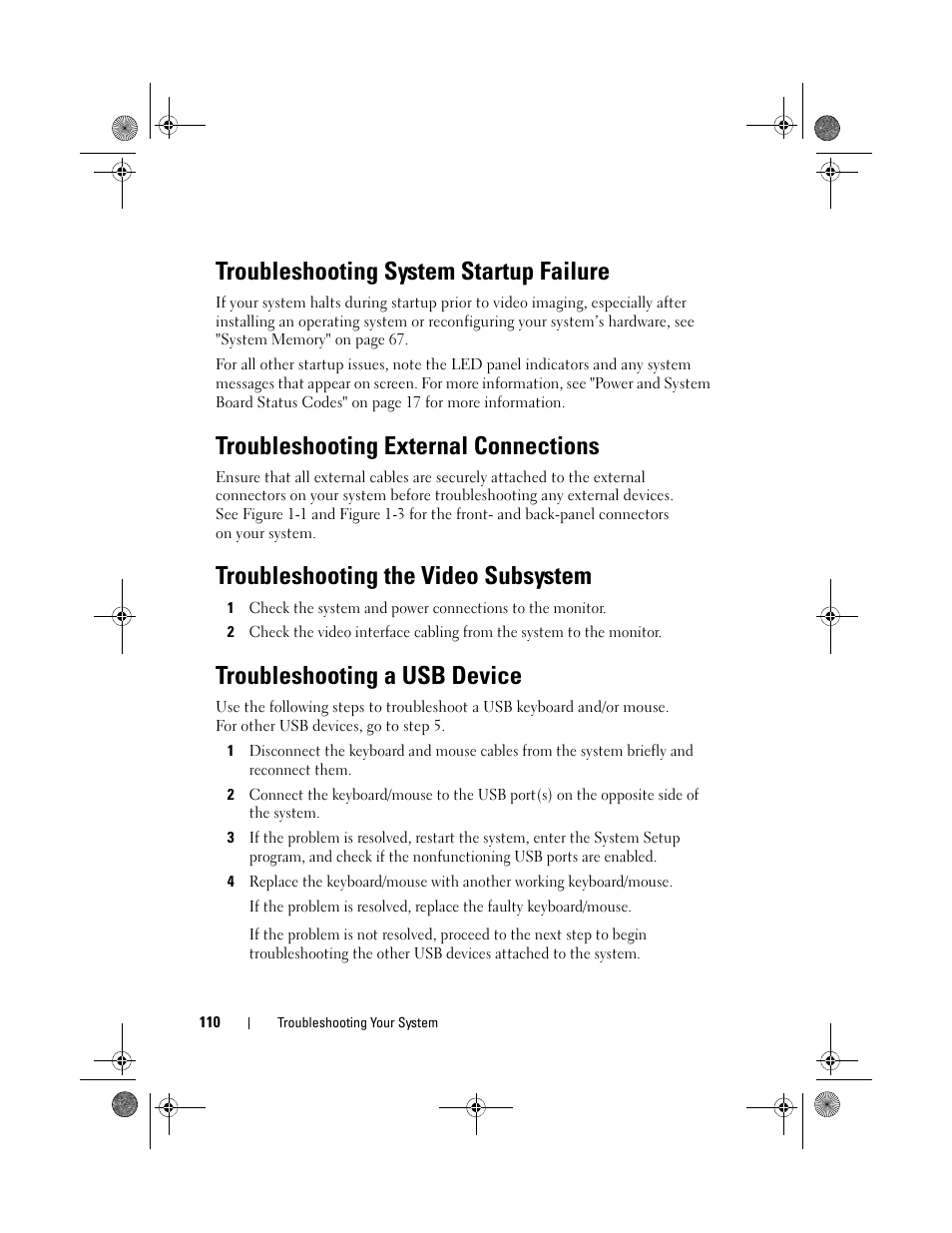 Troubleshooting system startup failure, Troubleshooting external connections, Troubleshooting the video subsystem | Troubleshooting a usb device, Troubleshooting a usb device" on | Dell PowerEdge C2100 User Manual | Page 114 / 144