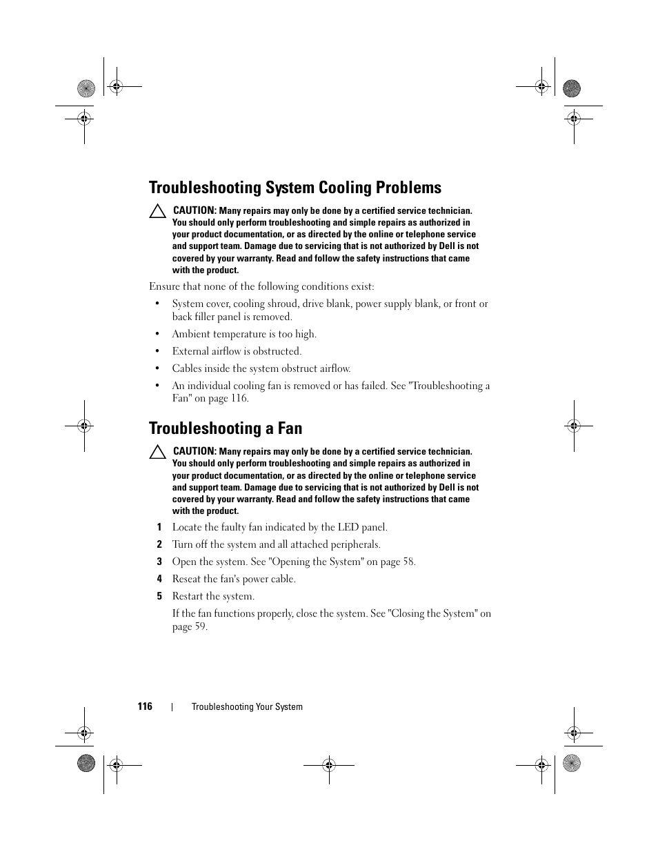 Troubleshooting system cooling problems, Troubleshooting a fan, Roubleshooting system | Troubleshooting system | Dell PowerEdge C2100 User Manual | Page 120 / 144
