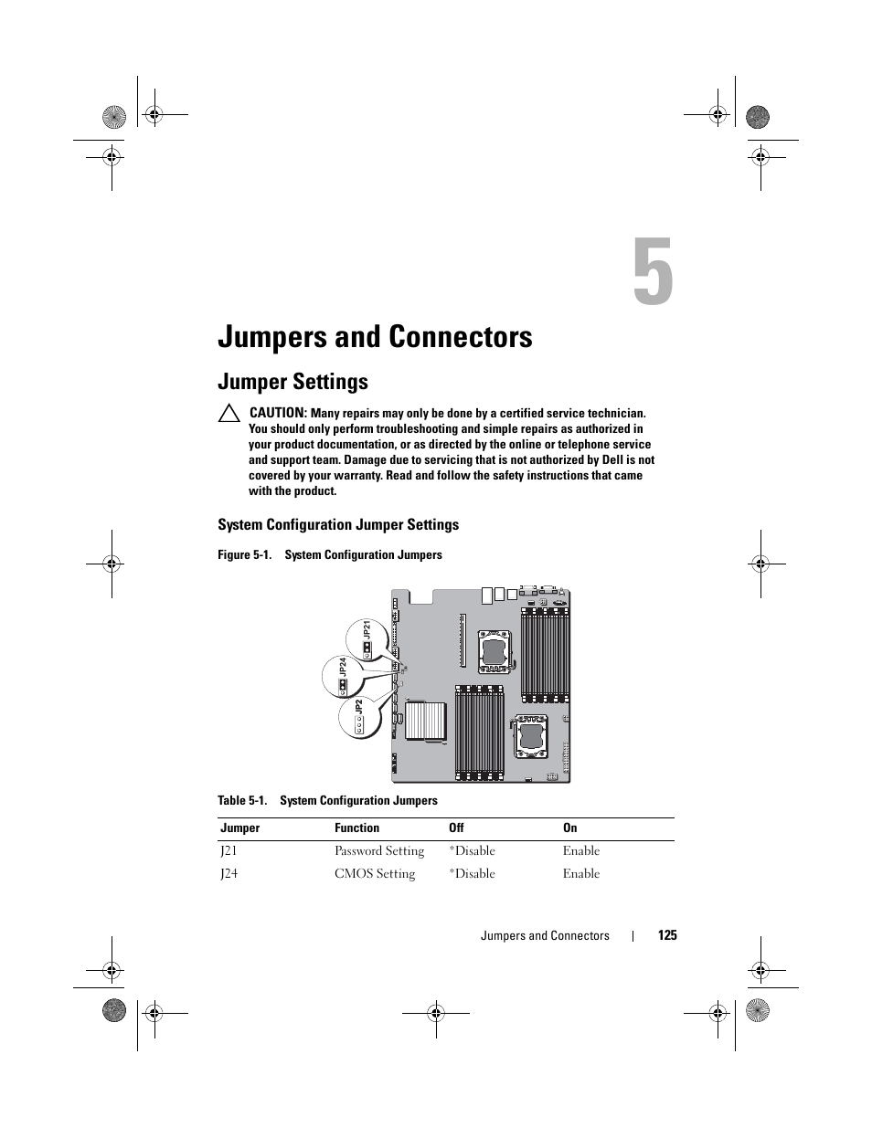 Jumpers and connectors, Jumper settings, System configuration jumper settings | Jumper settings" on | Dell PowerEdge C2100 User Manual | Page 129 / 144