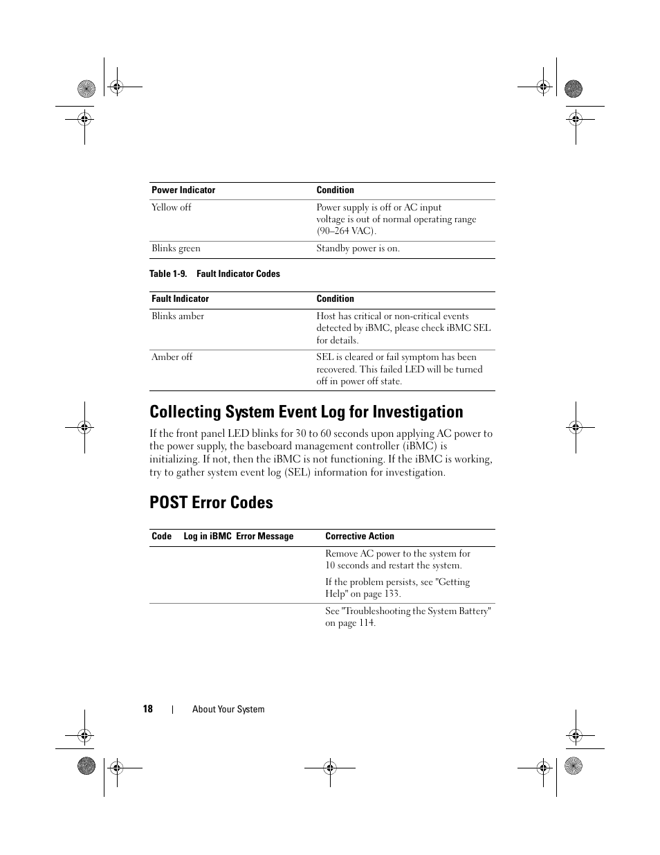 Collecting system event log for investigation, Post error codes | Dell PowerEdge C2100 User Manual | Page 22 / 144