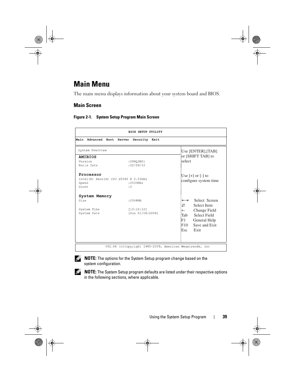 Main menu, Main screen | Dell PowerEdge C2100 User Manual | Page 43 / 144