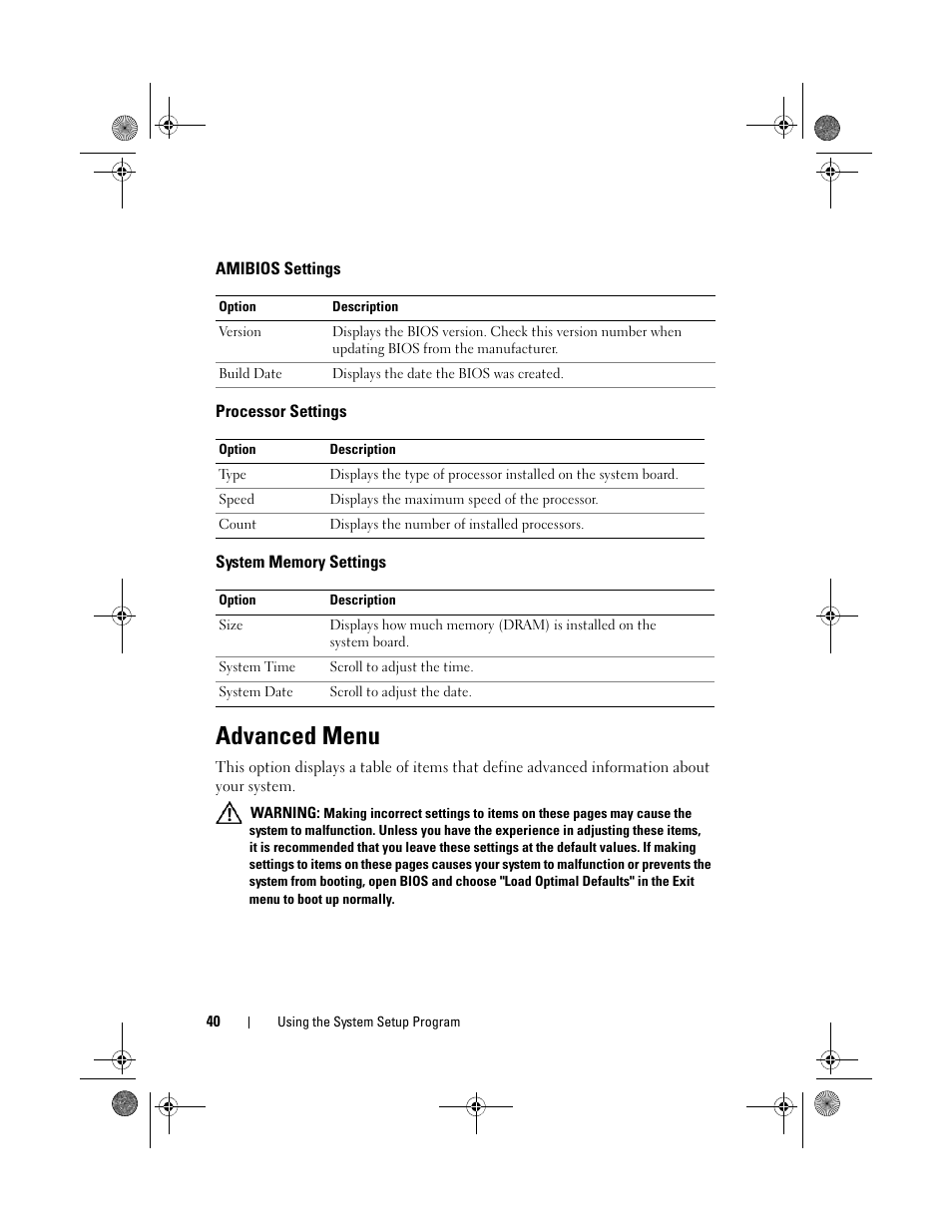 Advanced menu, Amibios settings, Processor settings | System memory settings | Dell PowerEdge C2100 User Manual | Page 44 / 144