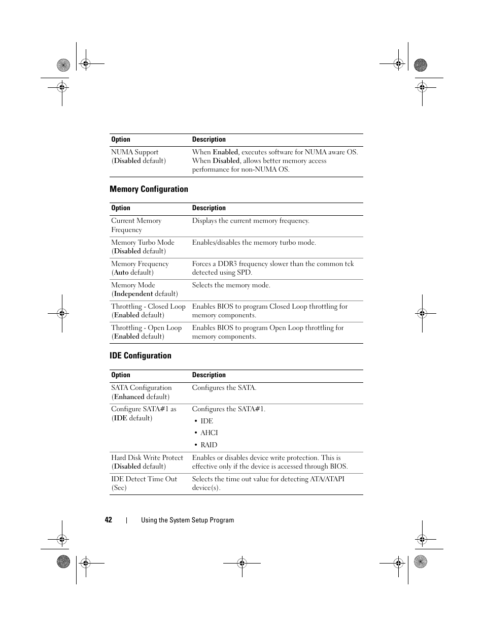 Memory configuration, Ide configuration | Dell PowerEdge C2100 User Manual | Page 46 / 144