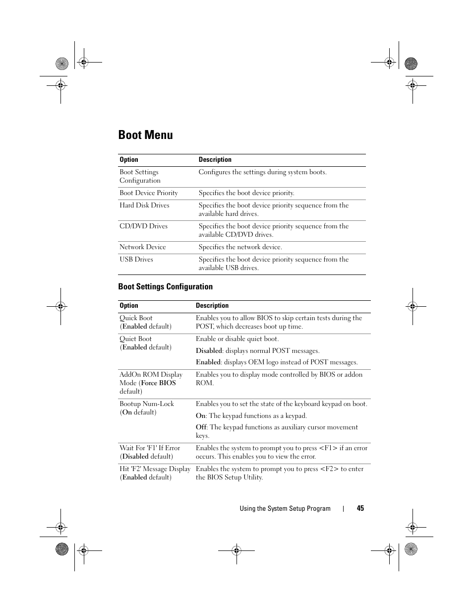 Boot menu, Boot settings configuration | Dell PowerEdge C2100 User Manual | Page 49 / 144