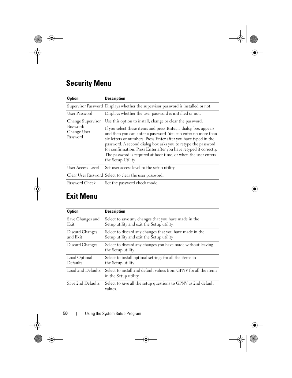 Security menu, Exit menu, Security menu exit menu | Dell PowerEdge C2100 User Manual | Page 54 / 144