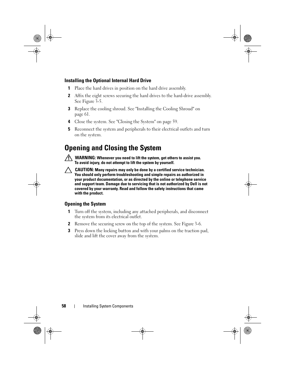 Opening and closing the system, Installing the optional internal hard drive, Opening the system | Dell PowerEdge C2100 User Manual | Page 62 / 144
