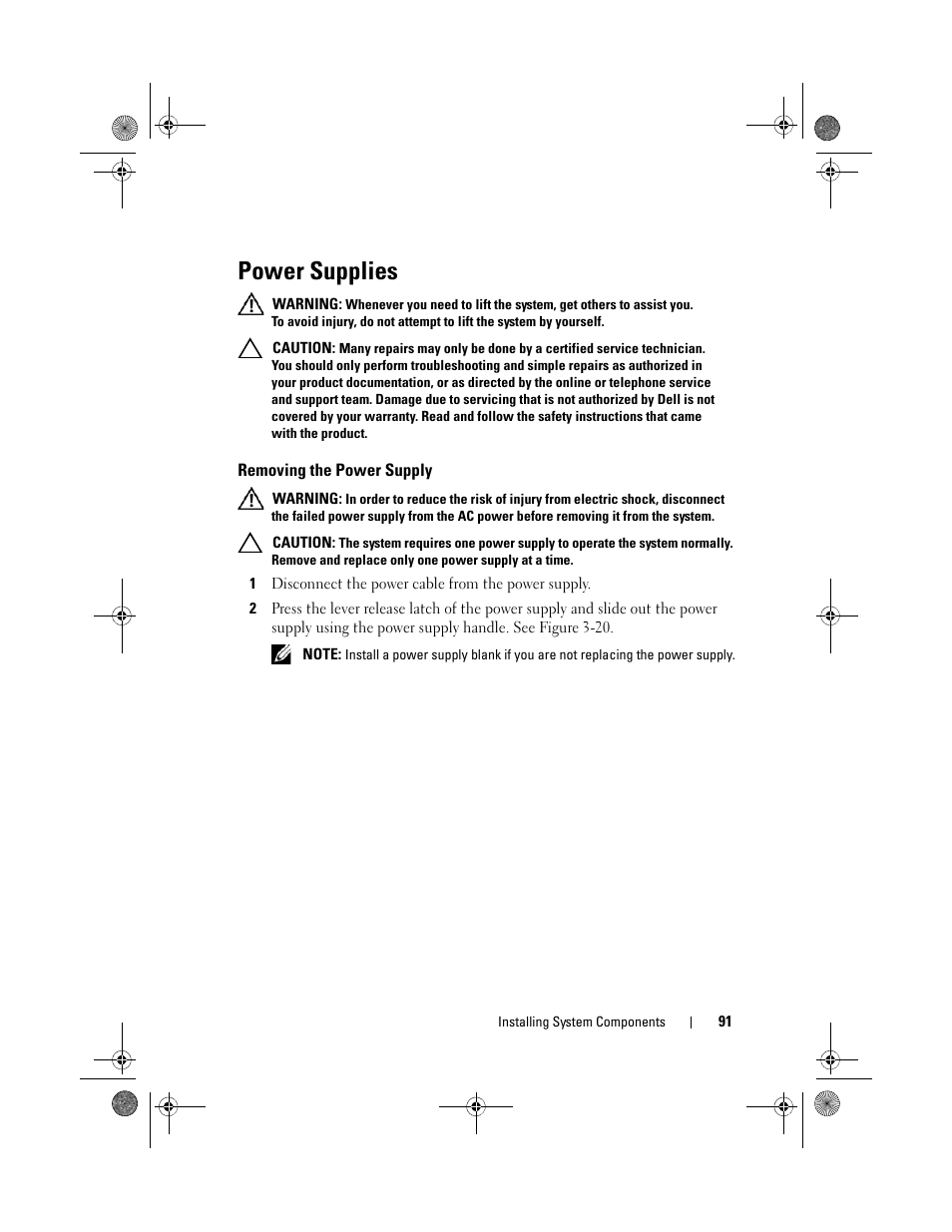 Power supplies, Removing the power supply | Dell PowerEdge C2100 User Manual | Page 95 / 144