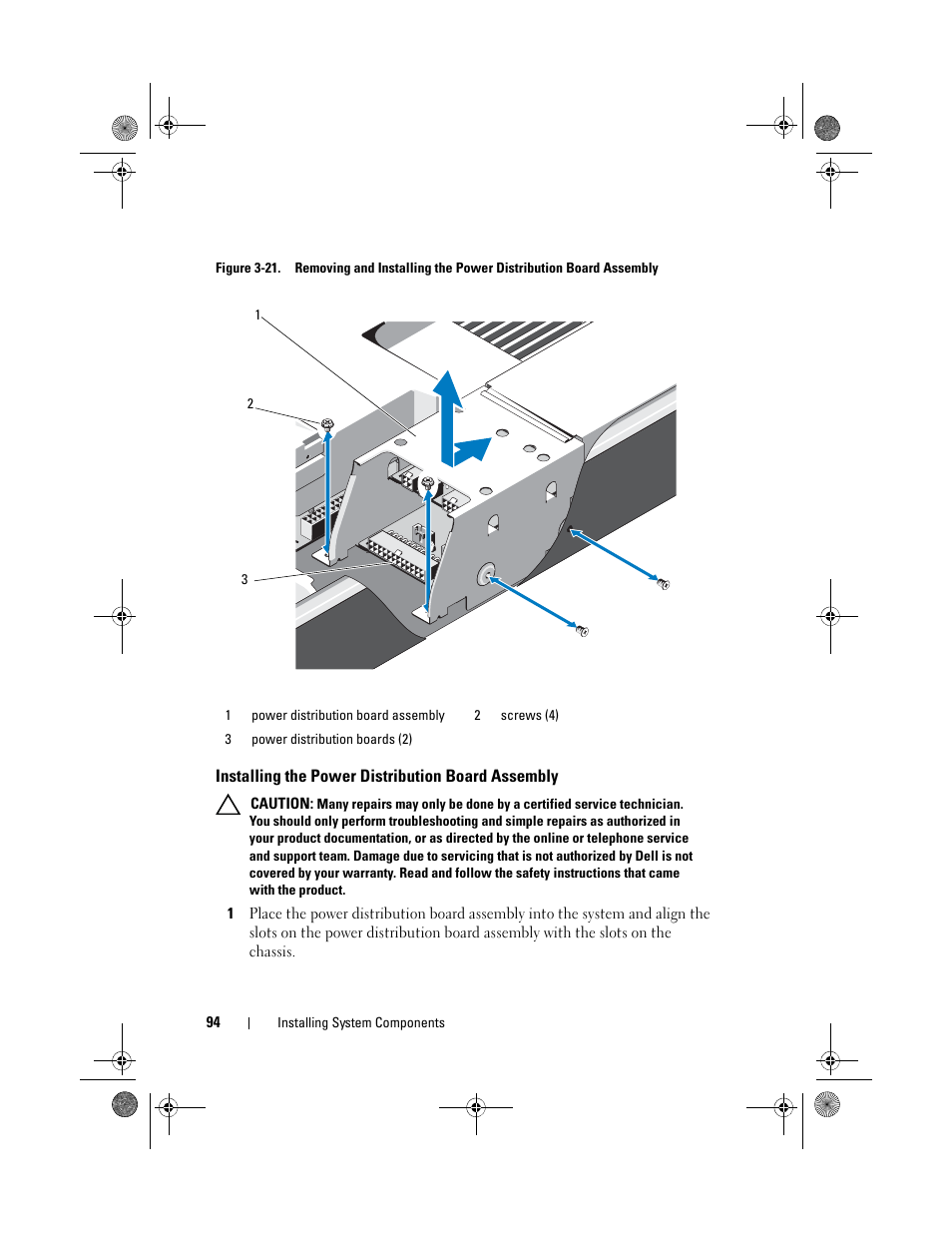 Installing the power distribution, Board assembly | Dell PowerEdge C2100 User Manual | Page 98 / 144