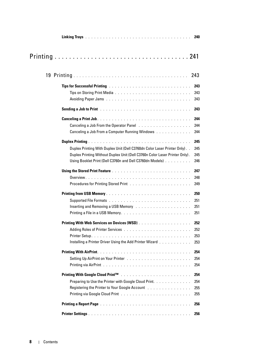 19 printing 243, Printing, 19 printing | Dell C3760n Color Laser Printer User Manual | Page 10 / 412
