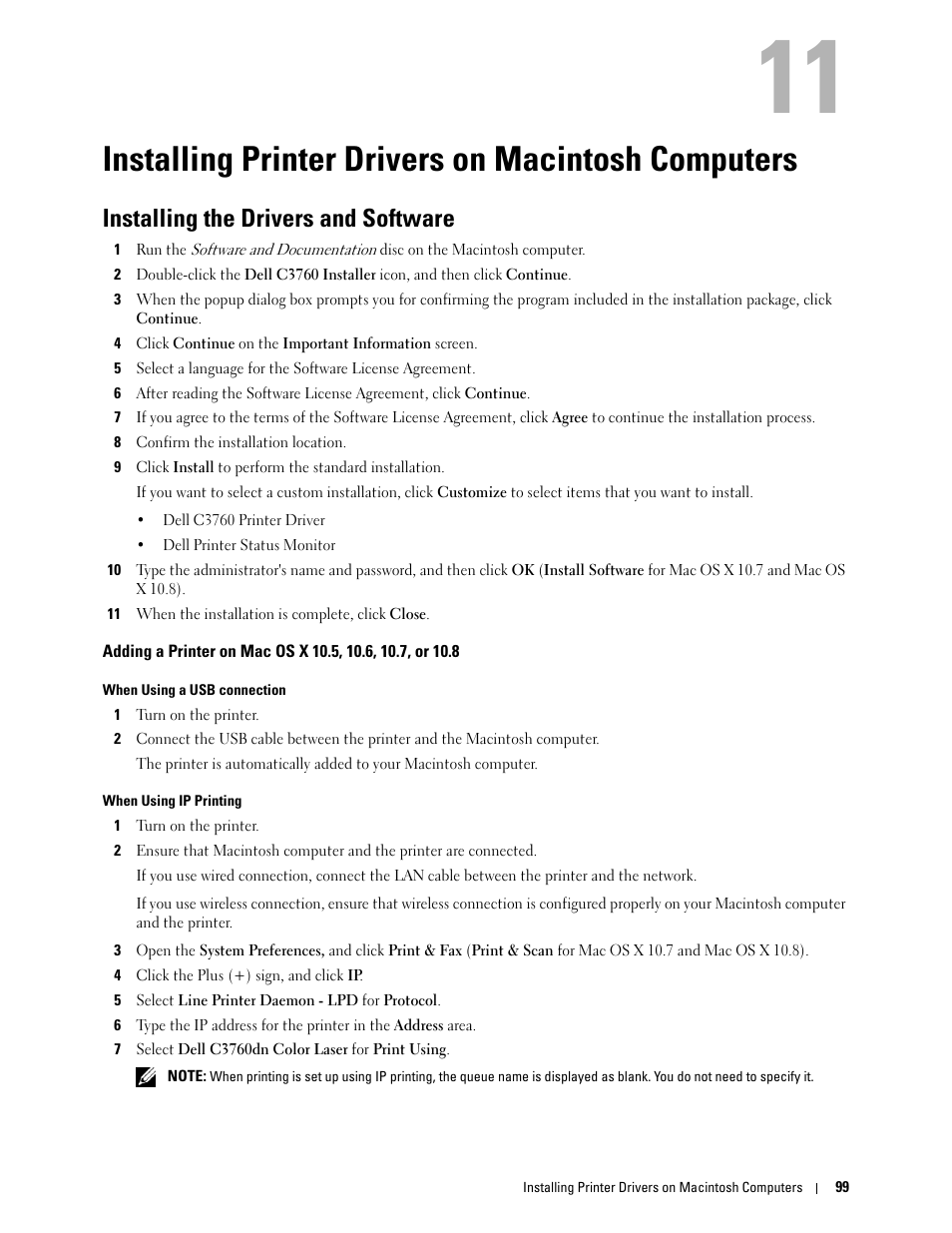 Installing printer drivers on macintosh computers, Installing the drivers and software | Dell C3760n Color Laser Printer User Manual | Page 101 / 412