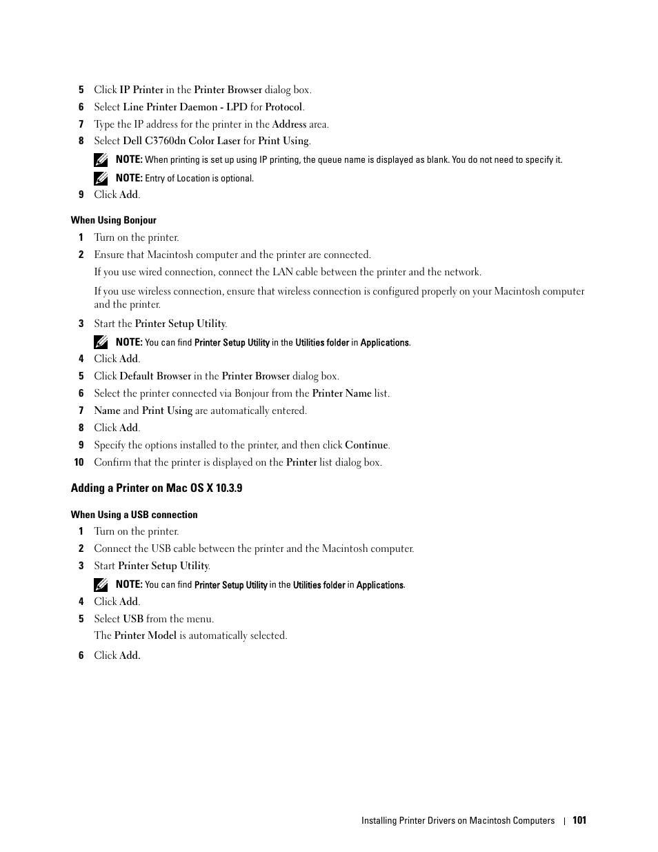 Adding a printer on mac os x 10.3.9 | Dell C3760n Color Laser Printer User Manual | Page 103 / 412