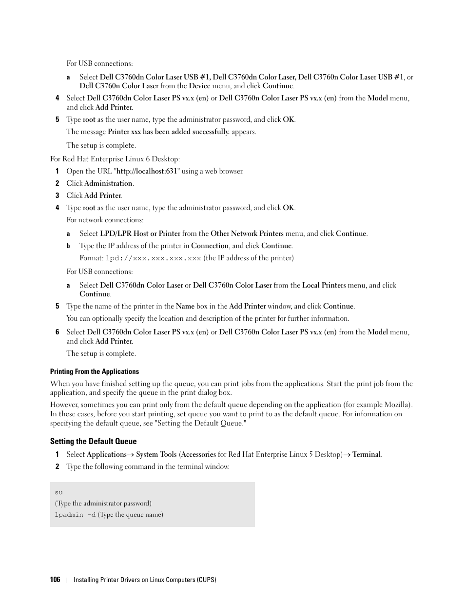 Setting the default queue | Dell C3760n Color Laser Printer User Manual | Page 108 / 412