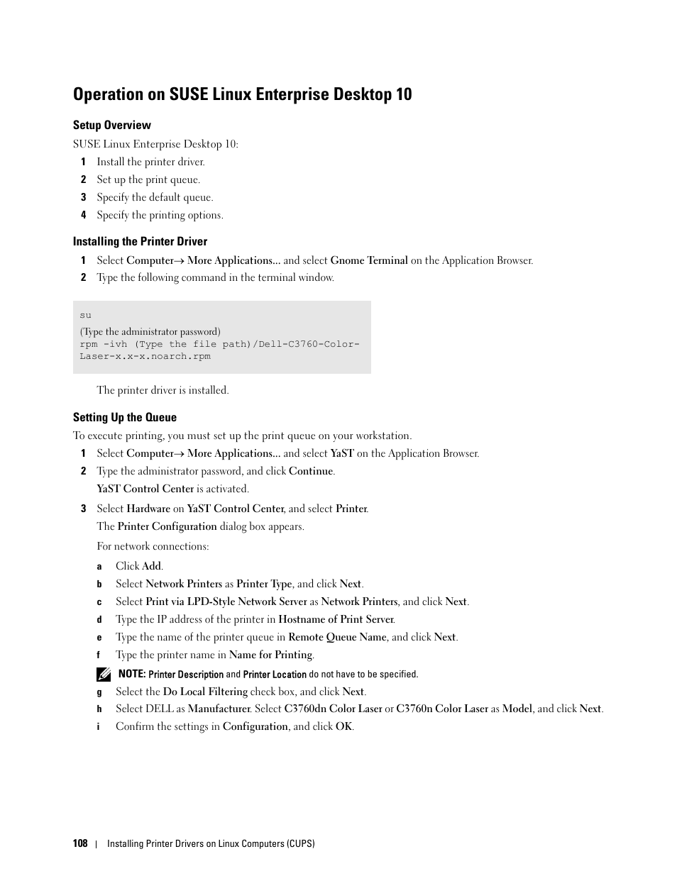 Operation on suse linux enterprise desktop 10, Setup overview, Installing the printer driver | Setting up the queue | Dell C3760n Color Laser Printer User Manual | Page 110 / 412