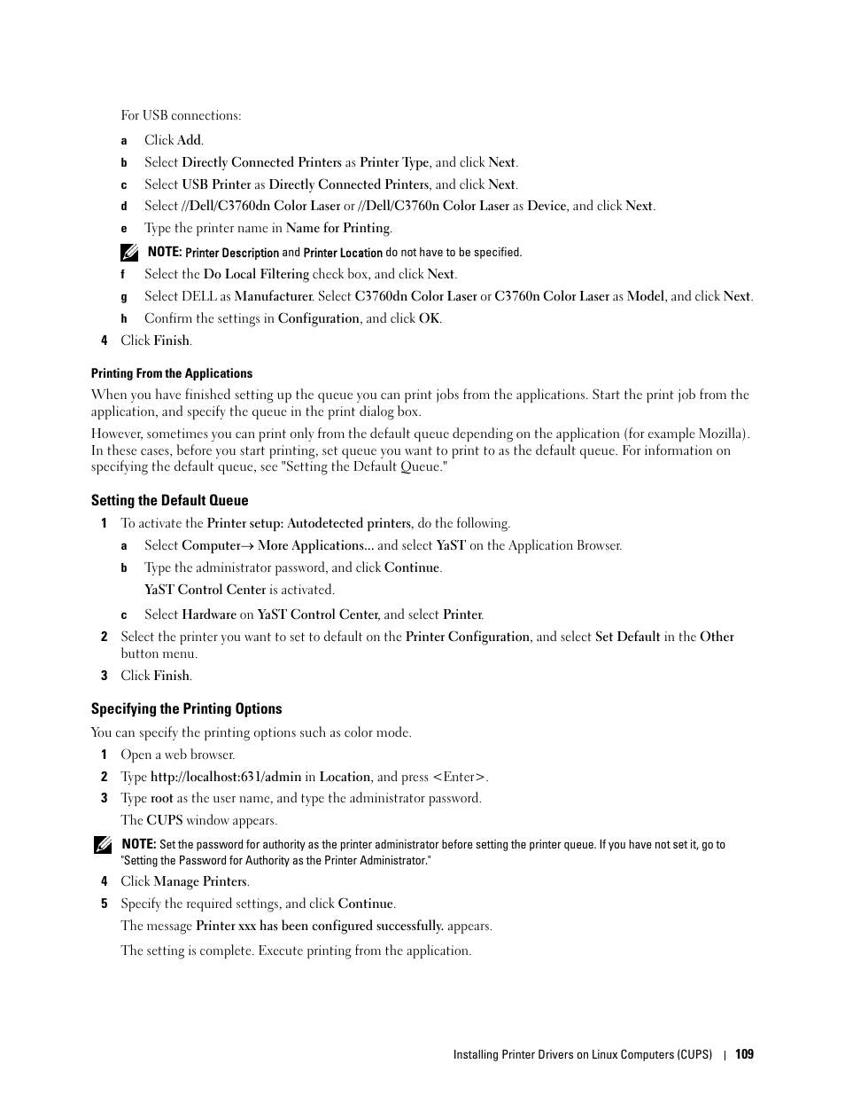 Setting the default queue, Specifying the printing options | Dell C3760n Color Laser Printer User Manual | Page 111 / 412