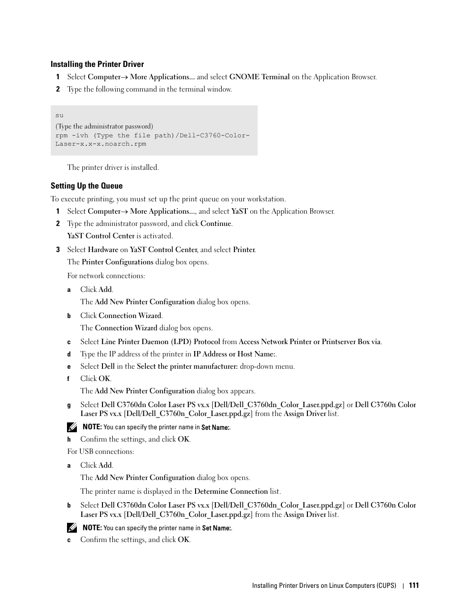 Installing the printer driver, Setting up the queue | Dell C3760n Color Laser Printer User Manual | Page 113 / 412