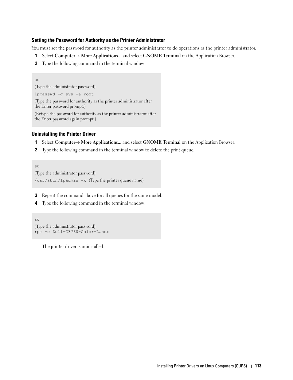 Uninstalling the printer driver | Dell C3760n Color Laser Printer User Manual | Page 115 / 412