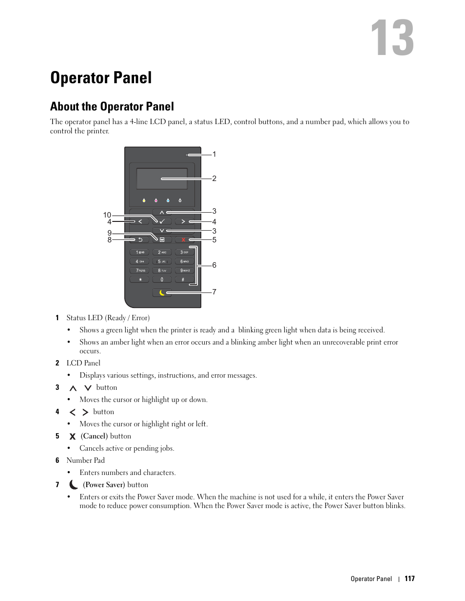 Operator panel, About the operator panel, 13 operator panel | Dell C3760n Color Laser Printer User Manual | Page 119 / 412