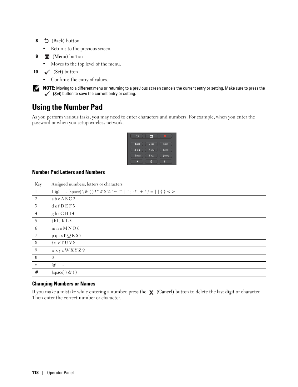 Using the number pad, Number pad letters and numbers, Changing numbers or names | Dell C3760n Color Laser Printer User Manual | Page 120 / 412