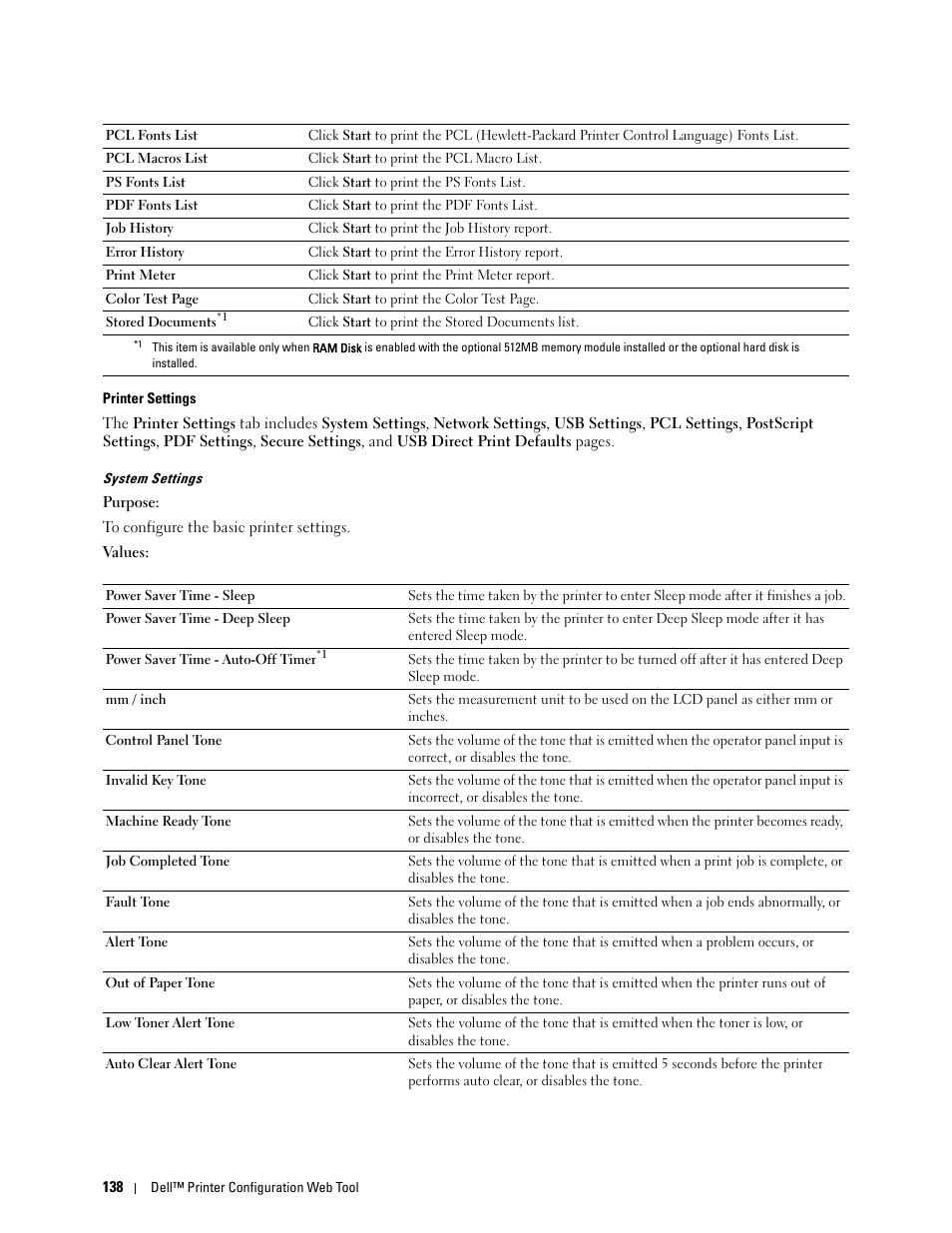 Printer settings, System settings | Dell C3760n Color Laser Printer User Manual | Page 140 / 412