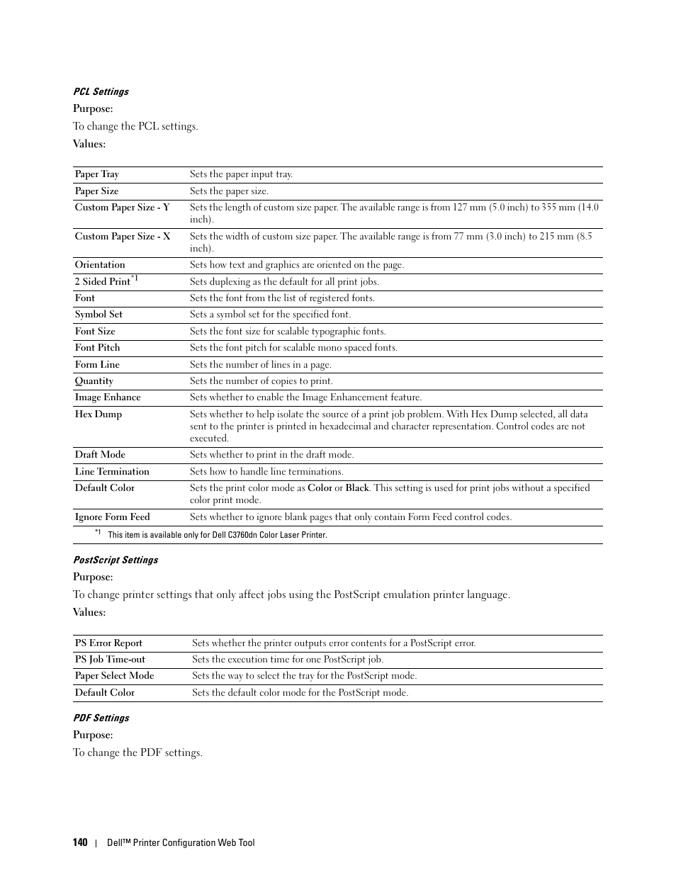 Pcl settings" "postscript settings" "pdf settings | Dell C3760n Color Laser Printer User Manual | Page 142 / 412