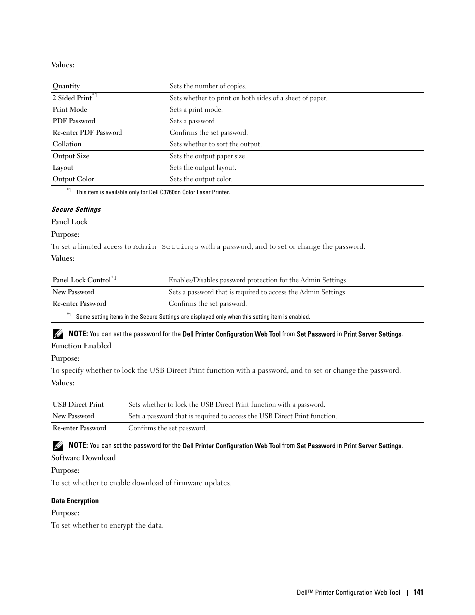 Secure settings | Dell C3760n Color Laser Printer User Manual | Page 143 / 412