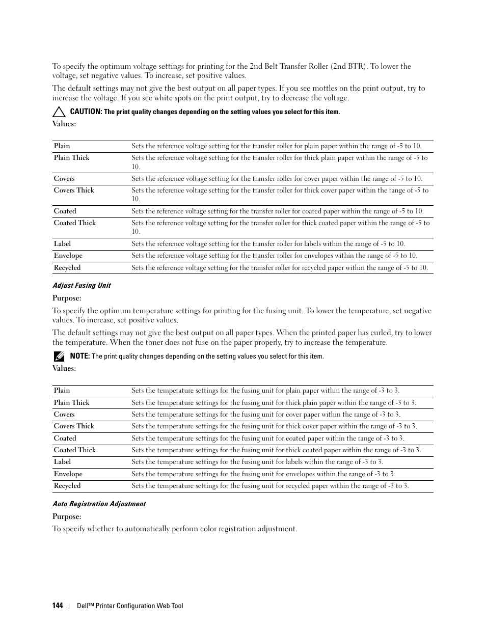 Adjust fusing unit" "auto registration adjustment | Dell C3760n Color Laser Printer User Manual | Page 146 / 412