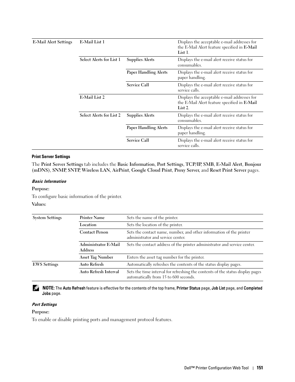 Print server settings, Basic information" "port settings | Dell C3760n Color Laser Printer User Manual | Page 153 / 412