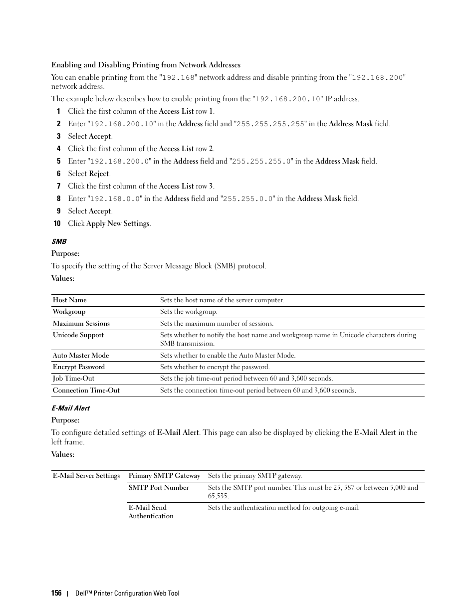 Smb" "e-mail alert | Dell C3760n Color Laser Printer User Manual | Page 158 / 412