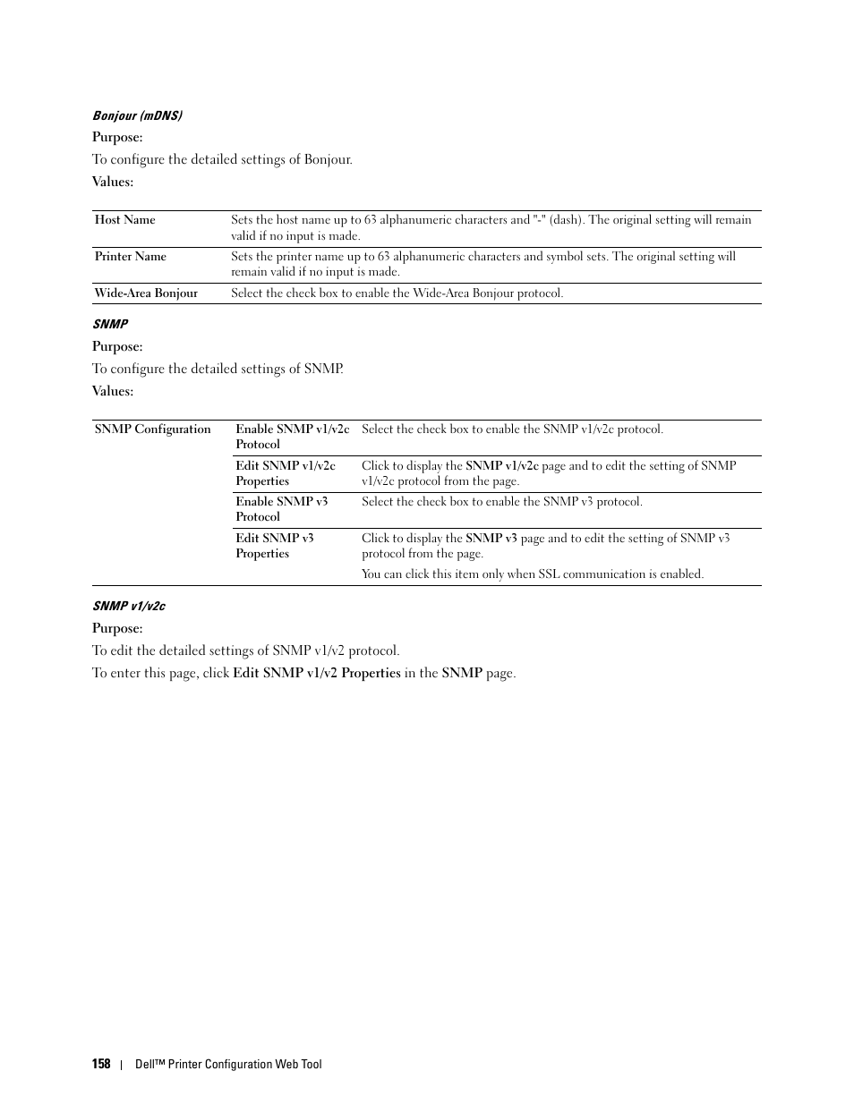 Bonjour (mdns)" "snmp | Dell C3760n Color Laser Printer User Manual | Page 160 / 412