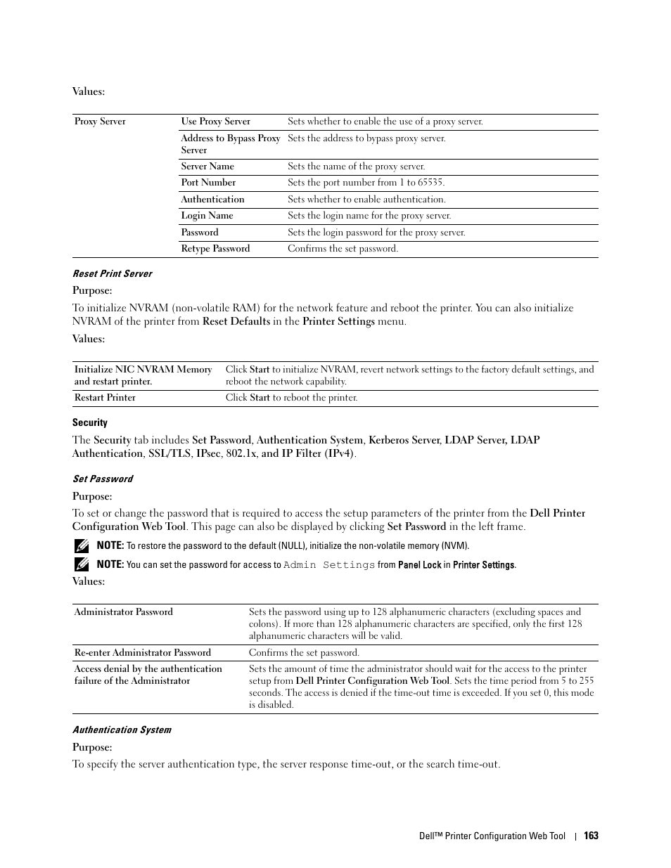 E "set password" for mo, Reset print server, Security | Set password" "authentication system | Dell C3760n Color Laser Printer User Manual | Page 165 / 412
