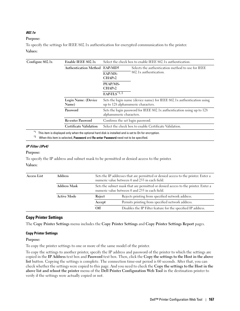 Copy printer settings, Ip filter (ipv4) | Dell C3760n Color Laser Printer User Manual | Page 169 / 412