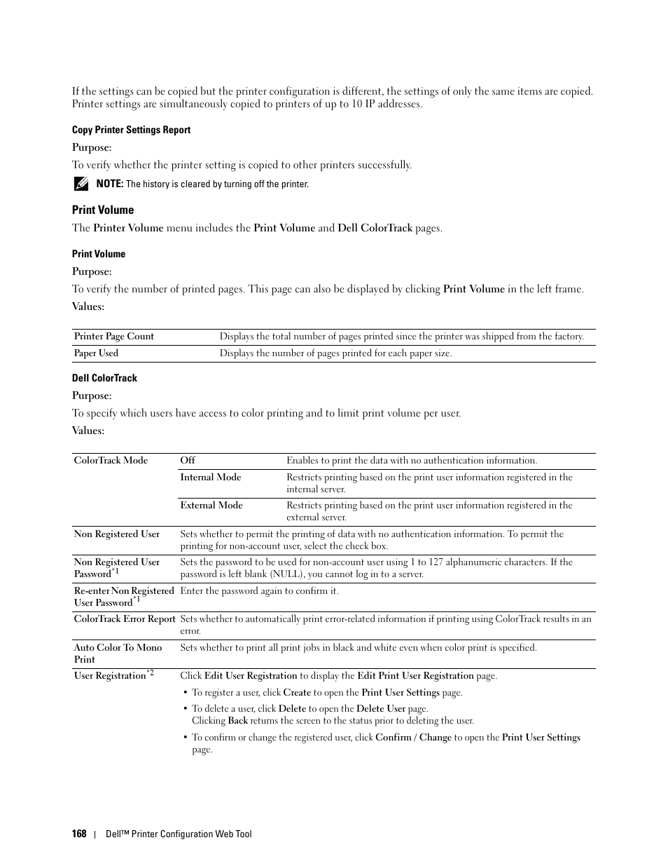 Print volume, Copy printer settings report, Dell colortrack | Dell C3760n Color Laser Printer User Manual | Page 170 / 412