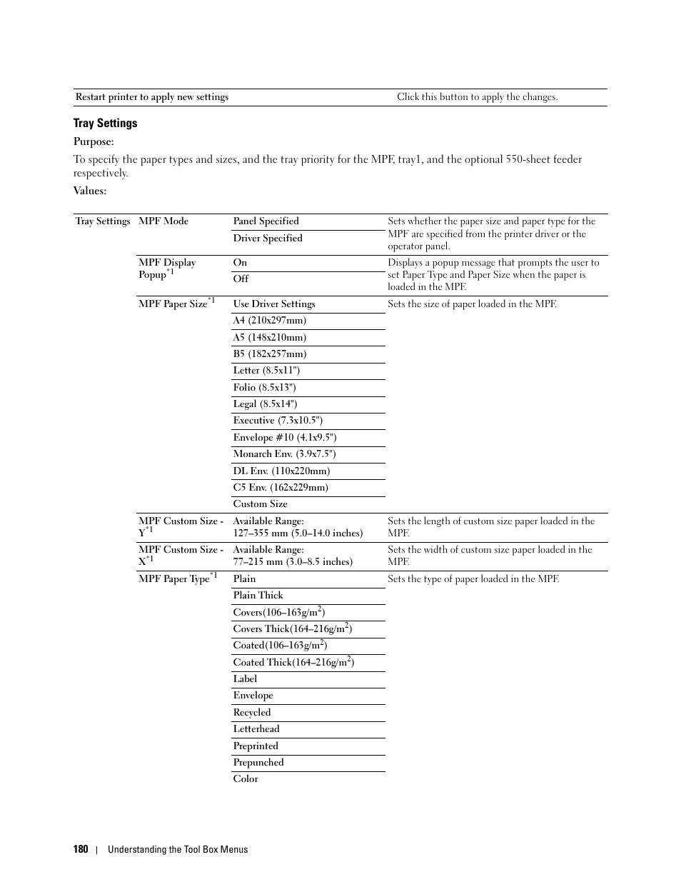 Tray settings | Dell C3760n Color Laser Printer User Manual | Page 182 / 412