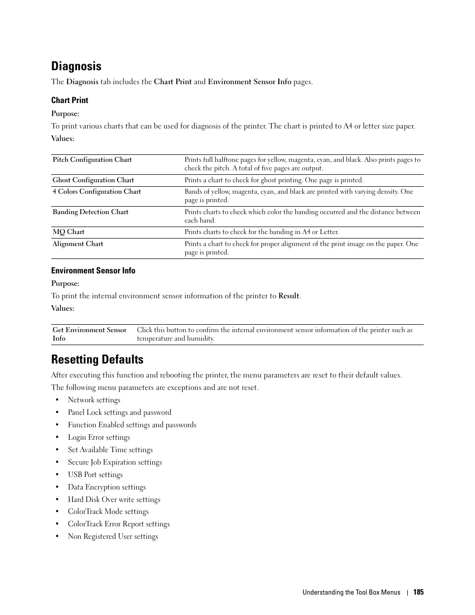 Diagnosis, Chart print, Environment sensor info | Resetting defaults | Dell C3760n Color Laser Printer User Manual | Page 187 / 412
