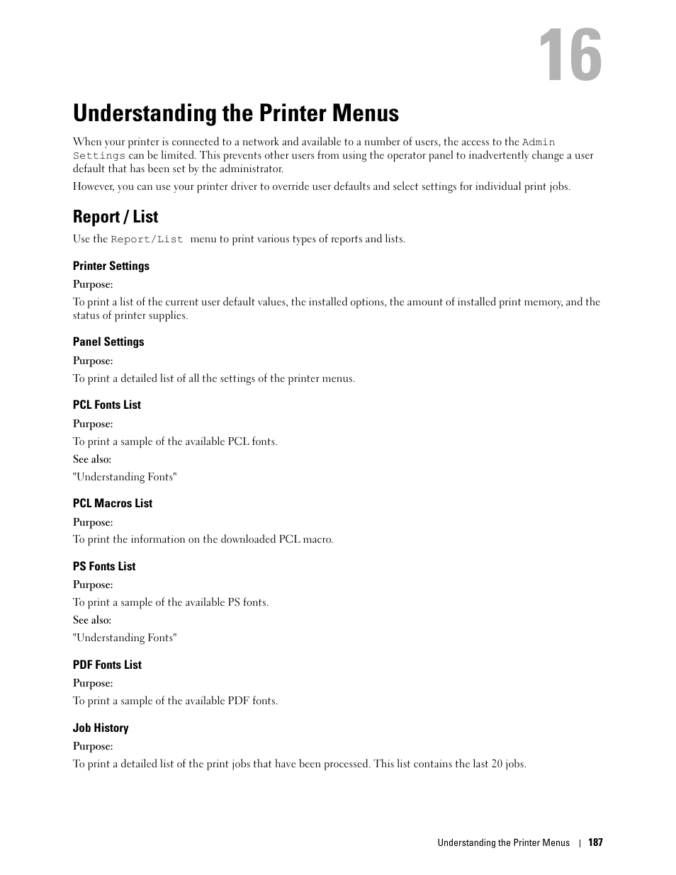 Understanding the printer menus, Report / list, Printer settings | Panel settings, Pcl fonts list, Pcl macros list, Ps fonts list, Pdf fonts list, Job history, 16 understanding the printer menus | Dell C3760n Color Laser Printer User Manual | Page 189 / 412