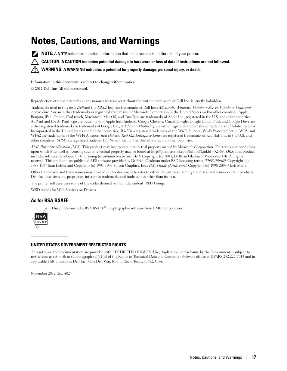 Notes, cautions, and warnings, As for rsa bsafe, A notes, cautions, and warnings | Dell C3760n Color Laser Printer User Manual | Page 19 / 412