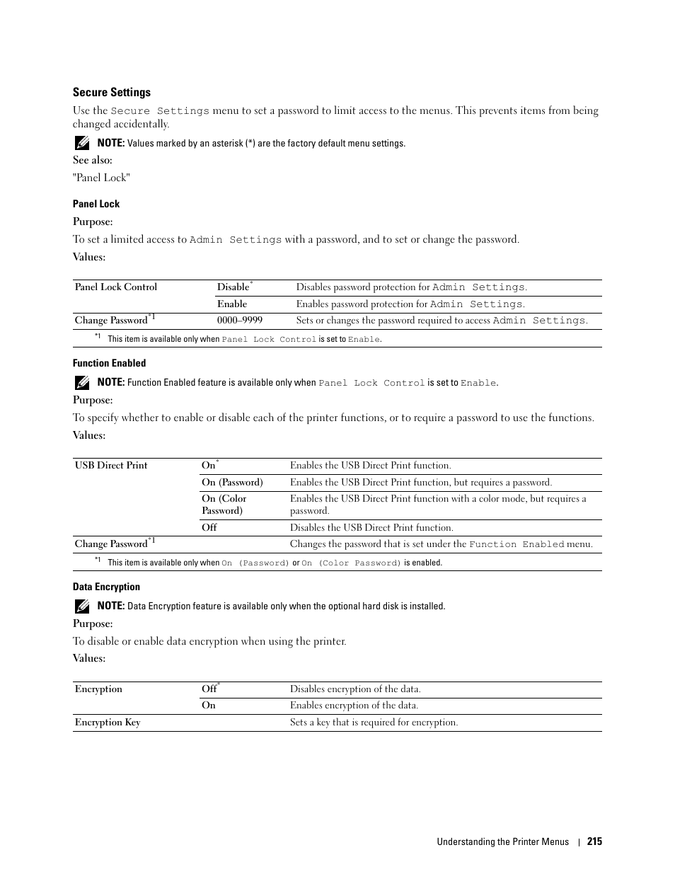 Secure settings | Dell C3760n Color Laser Printer User Manual | Page 217 / 412
