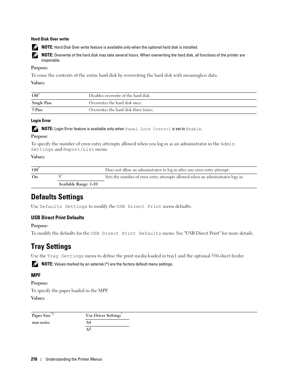 Defaults settings, Usb direct print defaults, Tray settings | Dell C3760n Color Laser Printer User Manual | Page 218 / 412