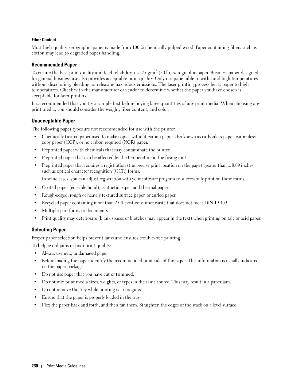 Recommended paper, Unacceptable paper, Selecting paper | Dell C3760n Color Laser Printer User Manual | Page 232 / 412
