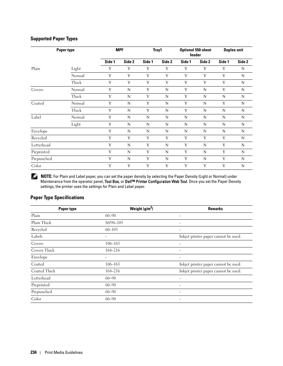 Supported paper types, Paper type specifications | Dell C3760n Color Laser Printer User Manual | Page 236 / 412