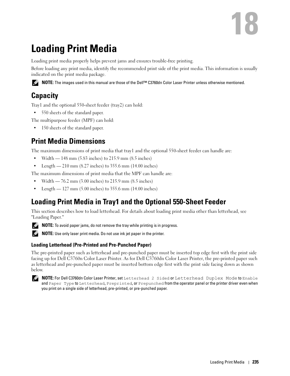 Loading print media, Capacity, Print media dimensions | 18 loading print media | Dell C3760n Color Laser Printer User Manual | Page 237 / 412