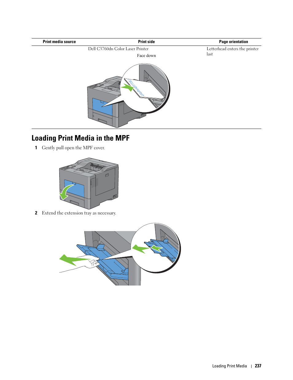 Loading print media in the mpf | Dell C3760n Color Laser Printer User Manual | Page 239 / 412