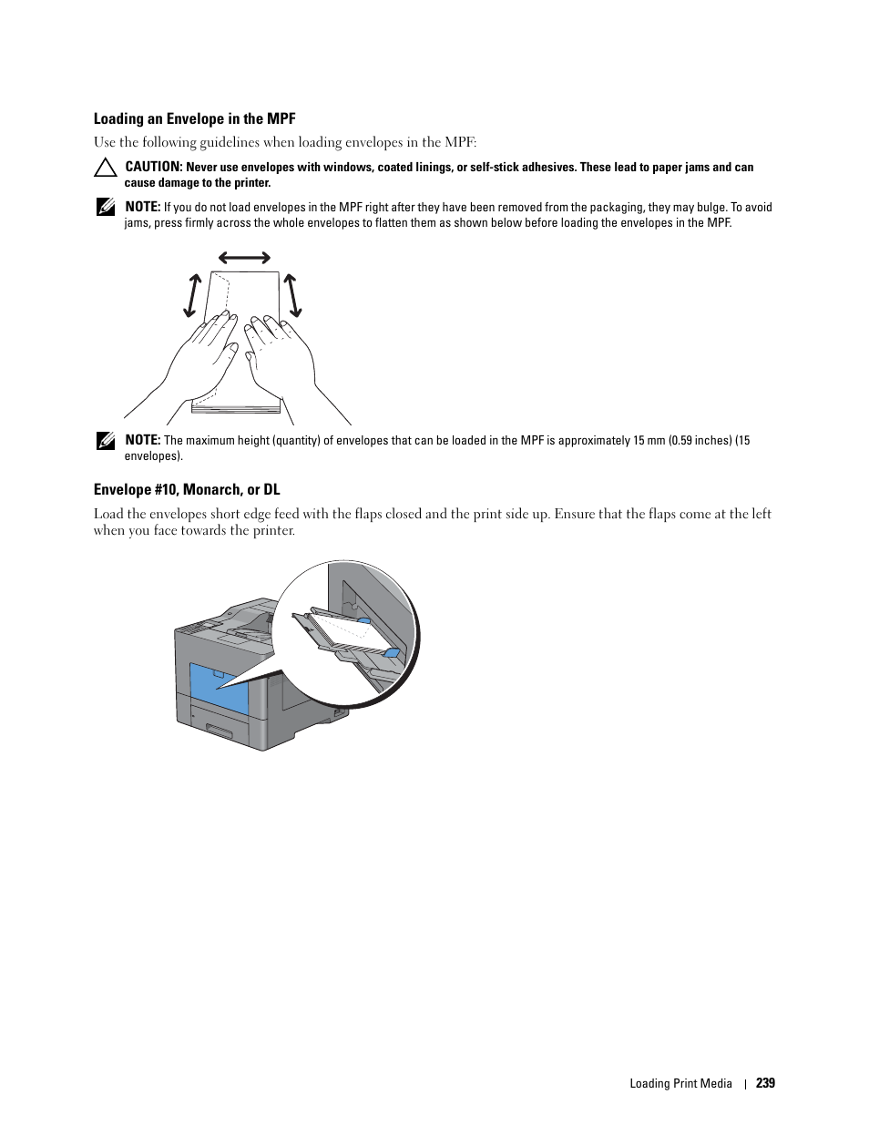 Loading an envelope in the mpf, Envelope #10, monarch, or dl | Dell C3760n Color Laser Printer User Manual | Page 241 / 412