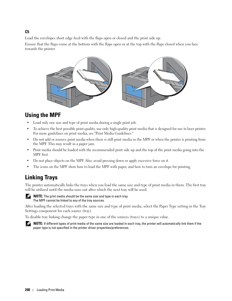 Using the mpf, Linking trays | Dell C3760n Color Laser Printer User Manual | Page 242 / 412