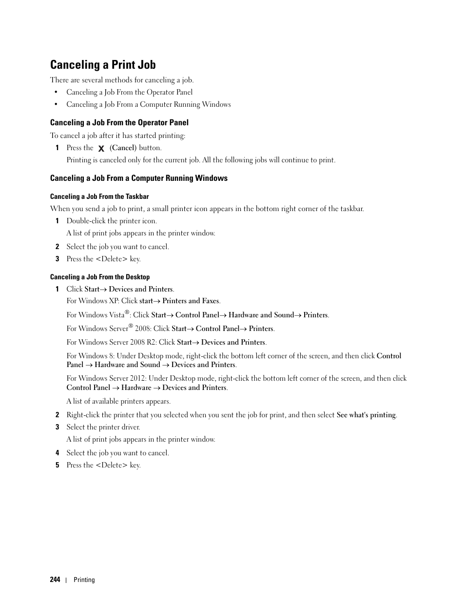 Canceling a print job, Canceling a job from the operator panel, Canceling a job from a computer running windows | Dell C3760n Color Laser Printer User Manual | Page 246 / 412