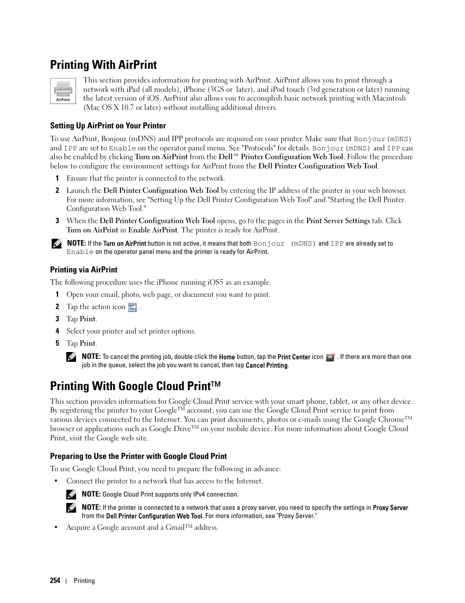 Printing with airprint, Setting up airprint on your printer, Printing via airprint | Printing with google cloud print | Dell C3760n Color Laser Printer User Manual | Page 256 / 412