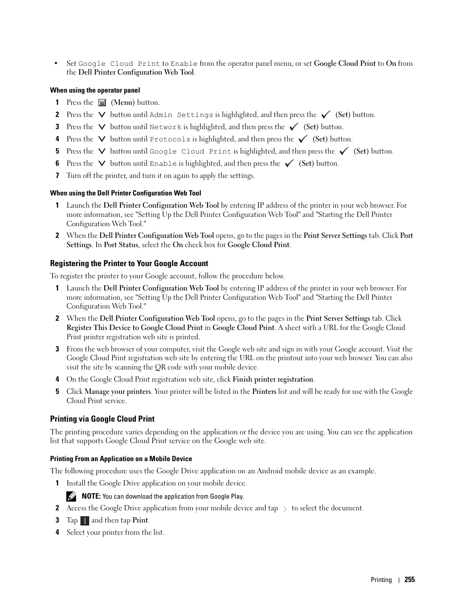 Registering the printer to your google account, Printing via google cloud print | Dell C3760n Color Laser Printer User Manual | Page 257 / 412