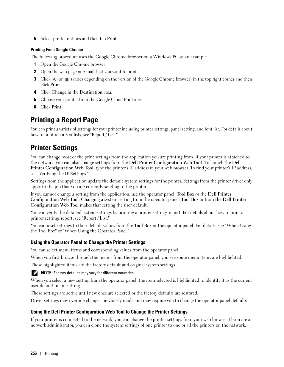 Printer settings, Printing a report page | Dell C3760n Color Laser Printer User Manual | Page 258 / 412