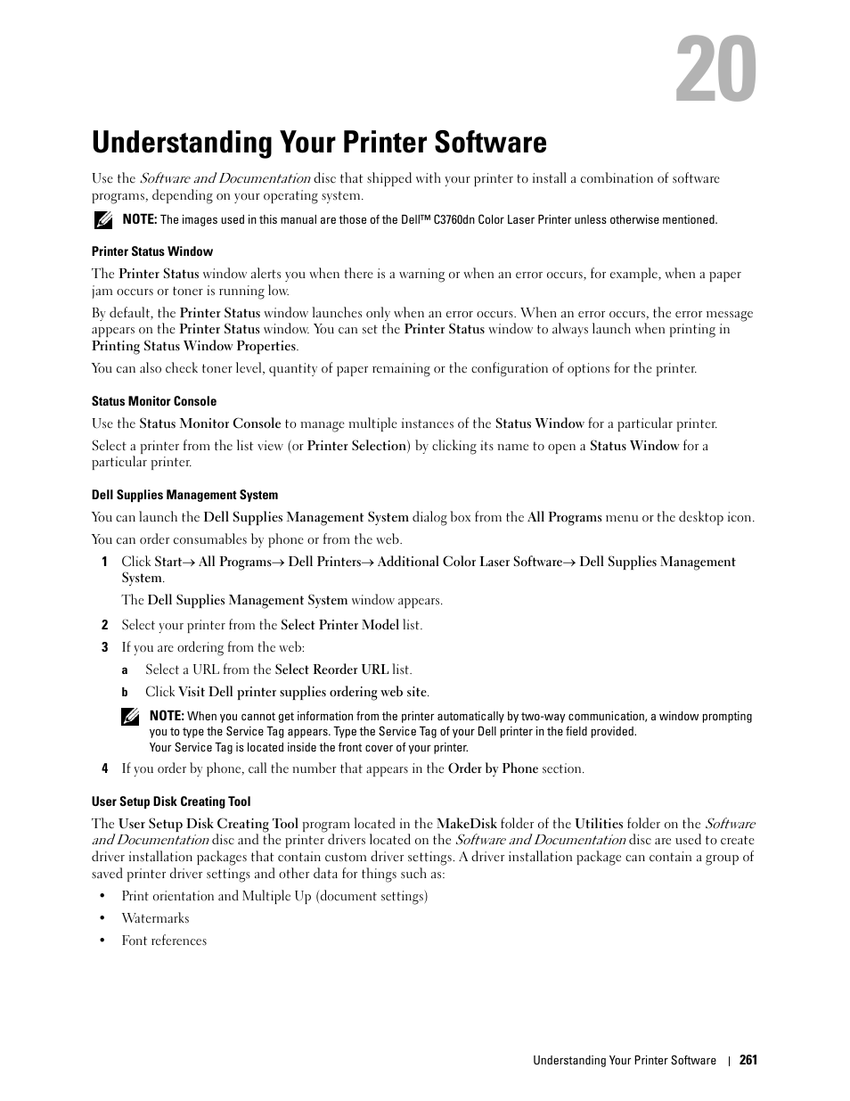 Understanding your printer software, 20 understanding your printer software | Dell C3760n Color Laser Printer User Manual | Page 263 / 412